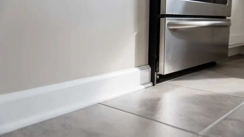 A bright white baseboard and clean tile grout beside a stainless range