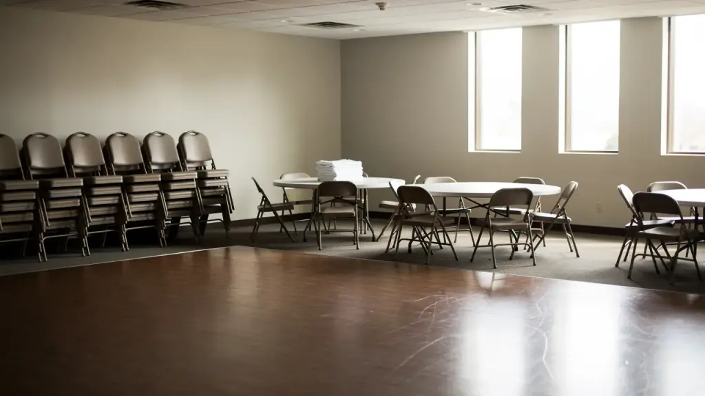 An event hall with tables wiped bare and folding chairs stacked along the wall
