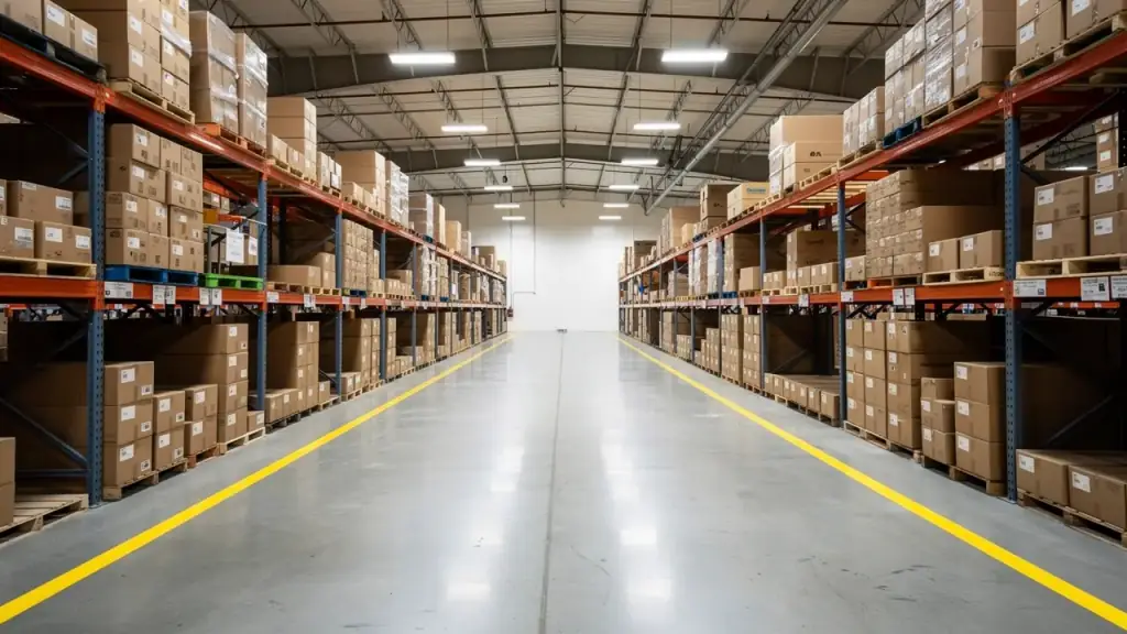A swept warehouse aisle with crisp yellow floor lines between pallet racks