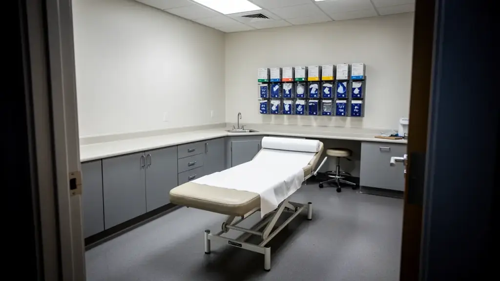 A clean exam room with a fresh paper roll on the table and bare counters