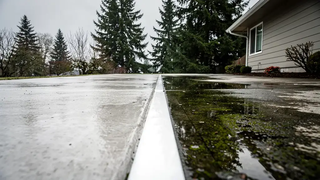 A wet concrete driveway with one clean lane cut through dark moss staining