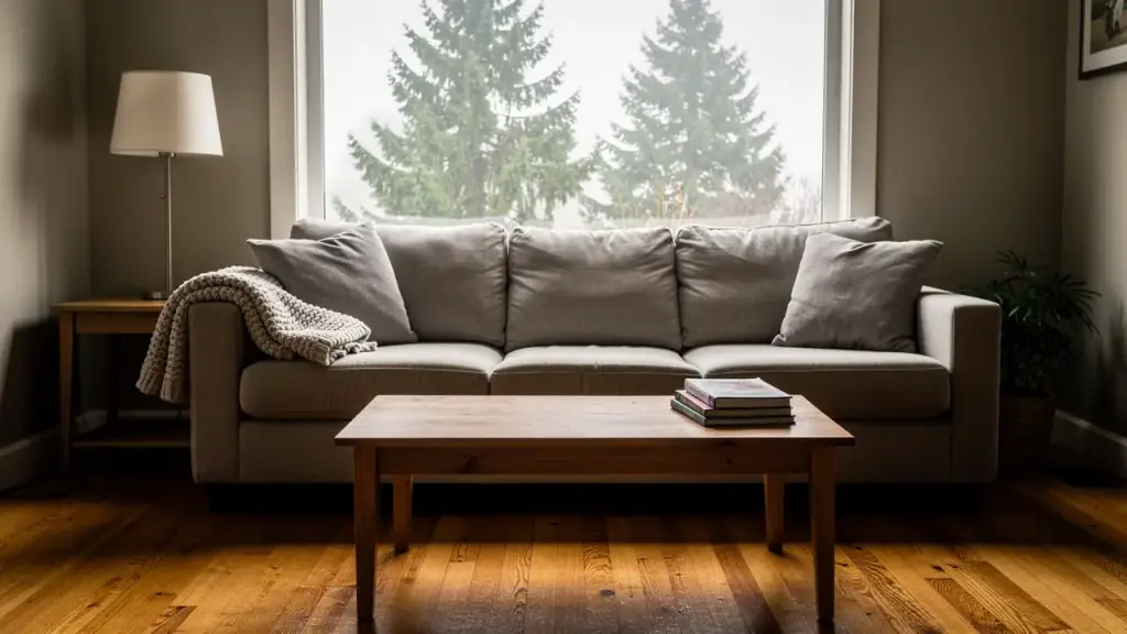 A tidy living room with squared cushions and a freshly mopped oak floor, fir trees in the window